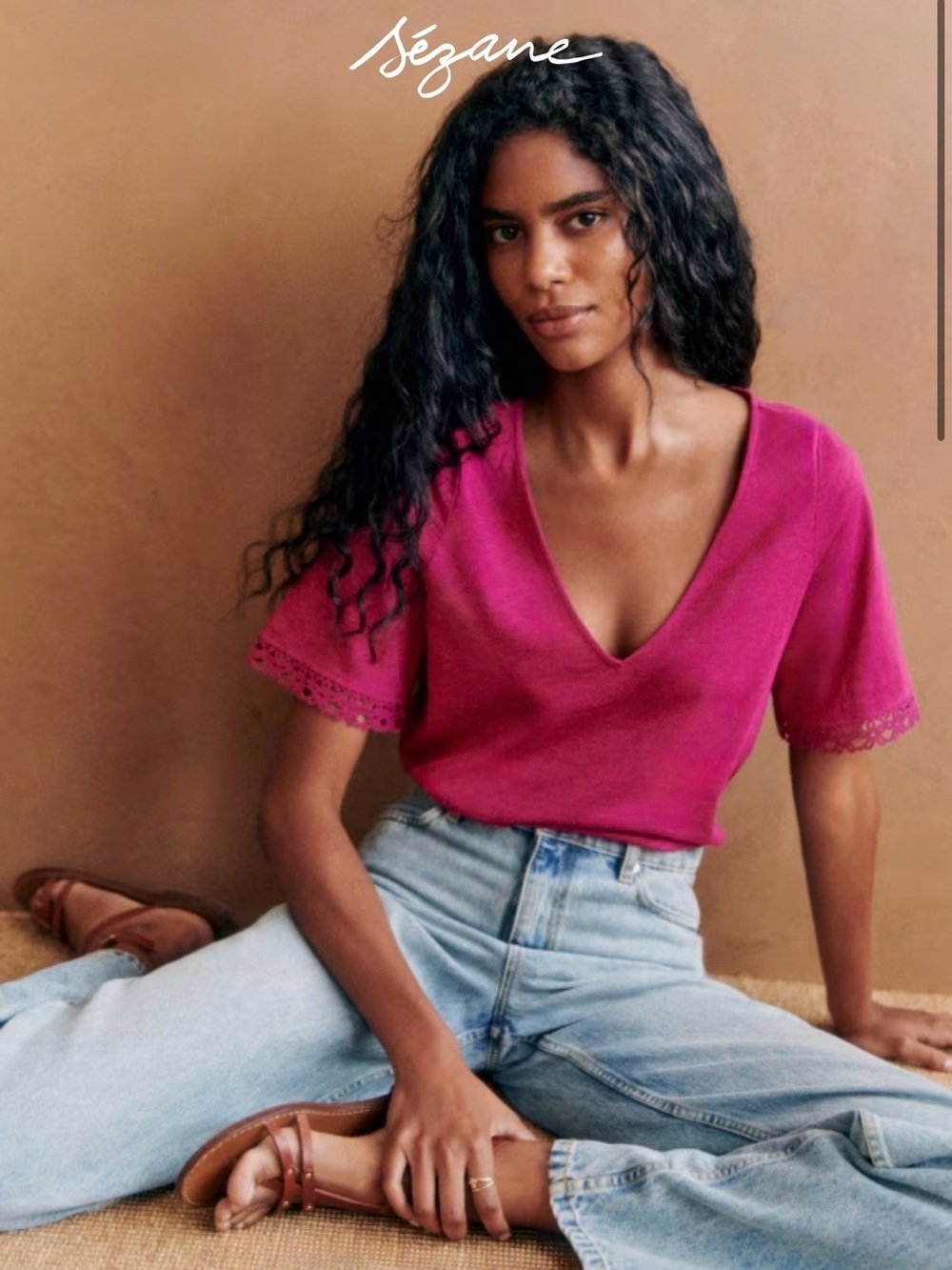 NWT Sézane Plum Pink V-Neck Short Sleeve T-shirt in Size XXL